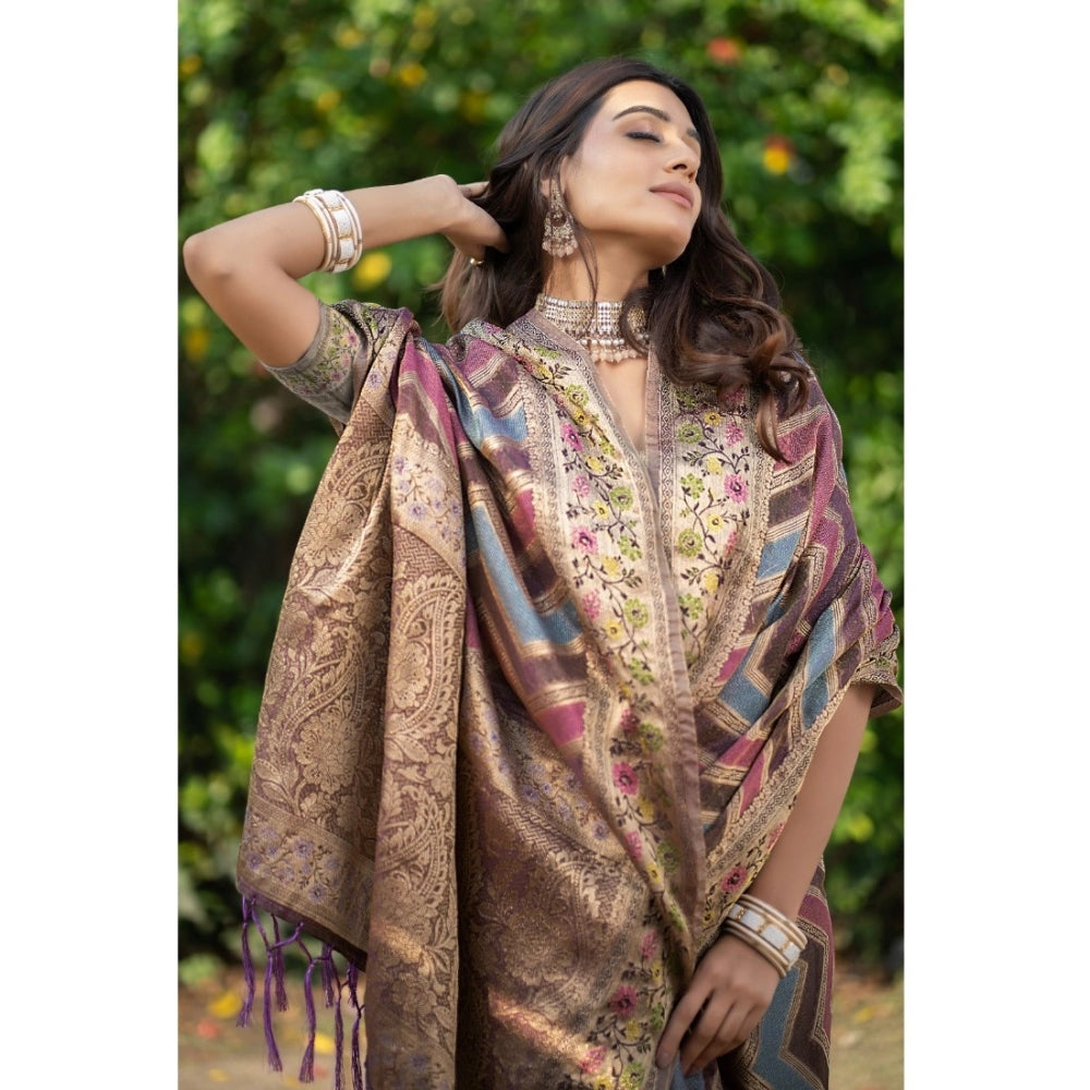 pkrkart Women's Organza Printed Saree With Unstitched Blouse (Wine, 5-6 Mtrs)
