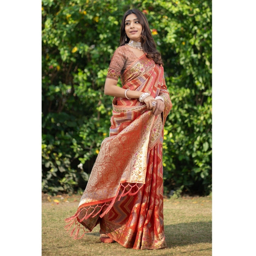 pkrkart Women's Organza Printed Saree With Unstitched Blouse (Orange, 5-6 Mtrs)