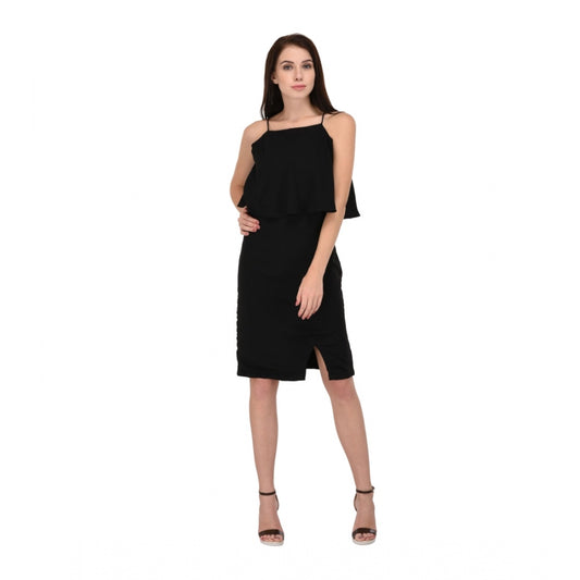 PKRKART Women's Cotton Blend Solid Sleeveless Dress (Black)