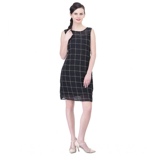 PKRKART Women's Cotton Blend Checked Sleeveless Sheath Dress (Black)