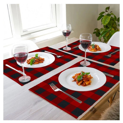 PKR Kart Checked Cotton Place Mats Sets (Red &amp; Black)