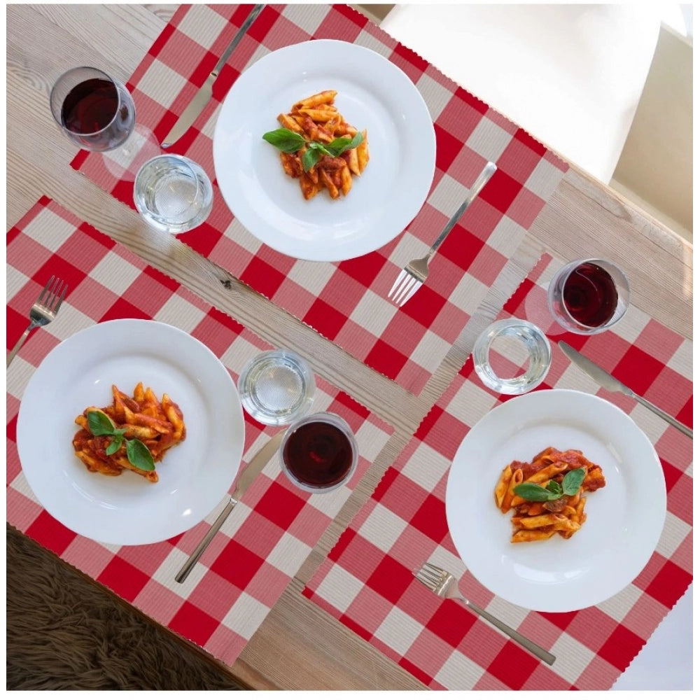 PKR Kart Checked Cotton Place Mats Sets (Red)