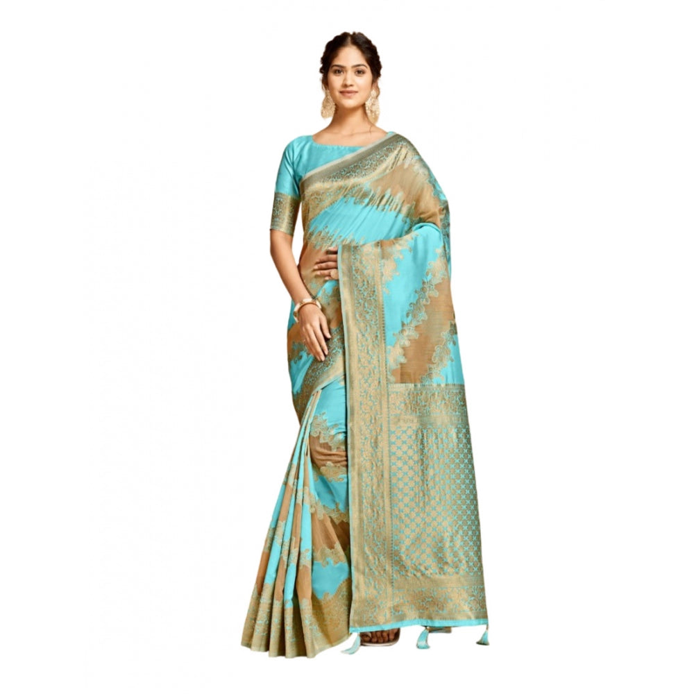 pkrkart Women's Linen Printed Saree With Unstitched Blouse (Sky Blue, 5-6 Mtrs)