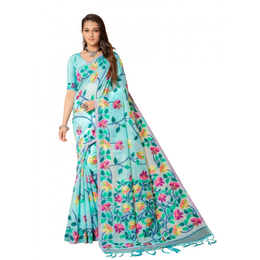 pkrkart Women's Cotton Printed Saree With Unstitched Blouse (Sky Blue, 5-6 Mtrs)