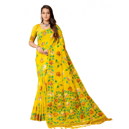 pkrkart Women's Cotton Printed Saree With Unstitched Blouse (Yellow, 5-6 Mtrs)