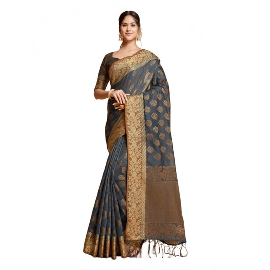 pkrkart Women's Chanderi Cotton Printed Saree With Unstitched Blouse (Grey, 5-6 Mtrs)