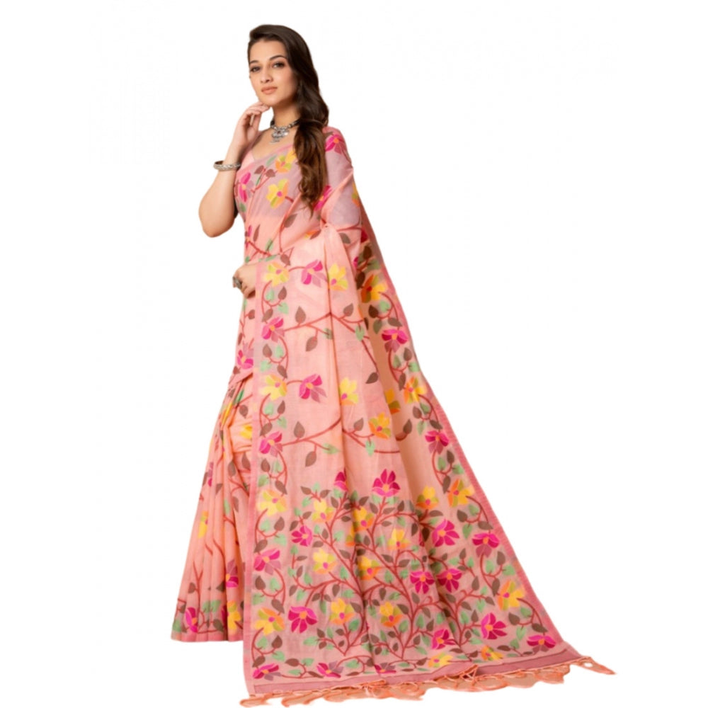 pkrkart Women's Cotton Printed Saree With Unstitched Blouse (Pink, 5-6 Mtrs)