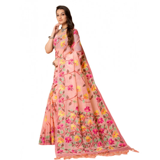 pkrkart Women's Cotton Printed Saree With Unstitched Blouse (Pink, 5-6 Mtrs)