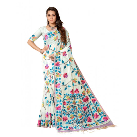 pkrkart Women's Cotton Printed Saree With Unstitched Blouse (White, 5-6 Mtrs)