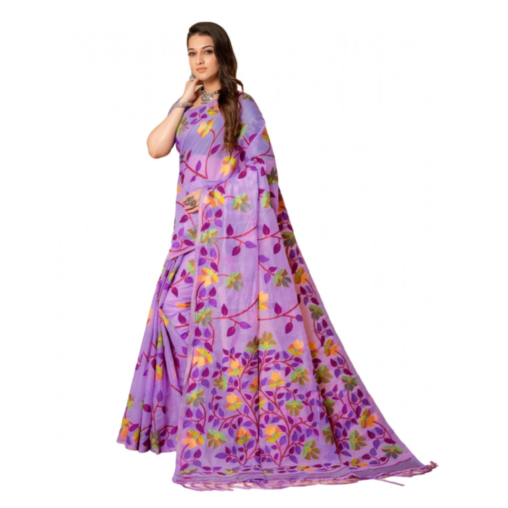 pkrkart Women's Cotton Printed Saree With Unstitched Blouse (Lavender, 5-6 Mtrs)