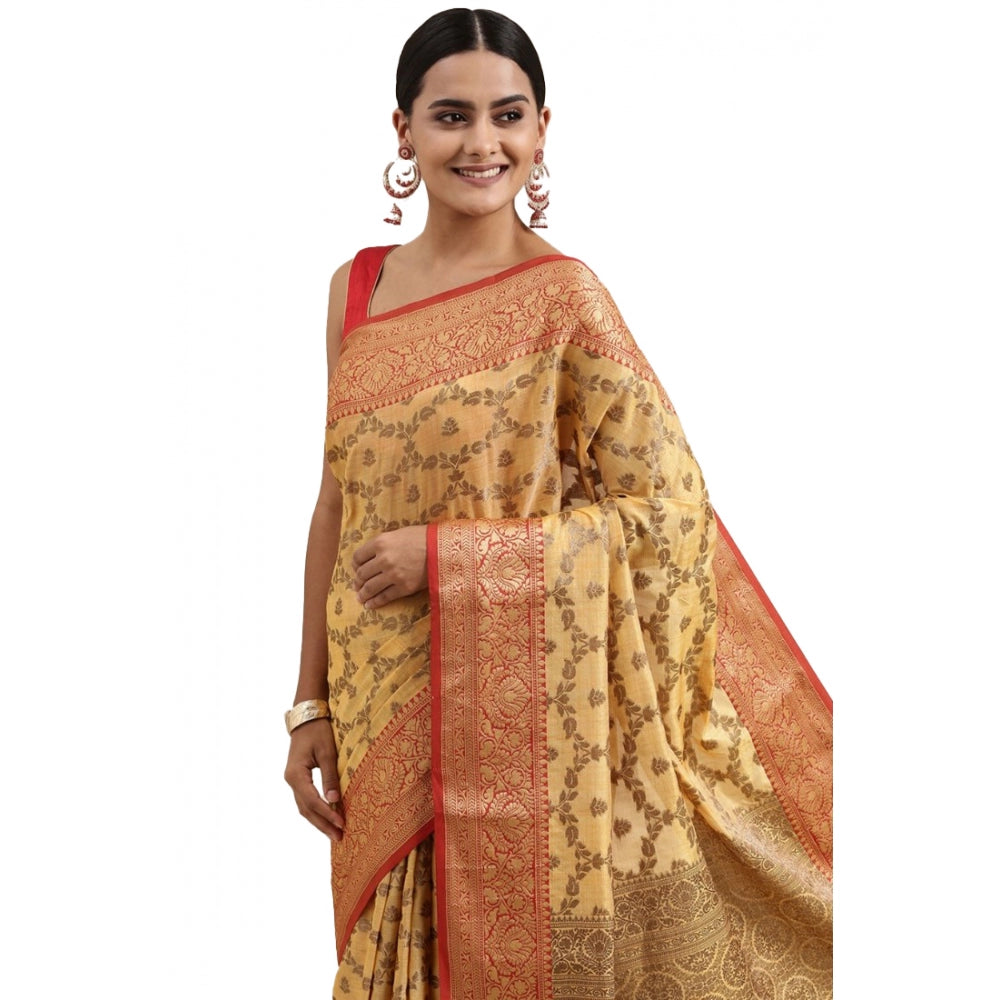 pkrkart Women's Chanderi Cotton Printed Saree With Unstitched Blouse (Yellow, 5-6 Mtrs)