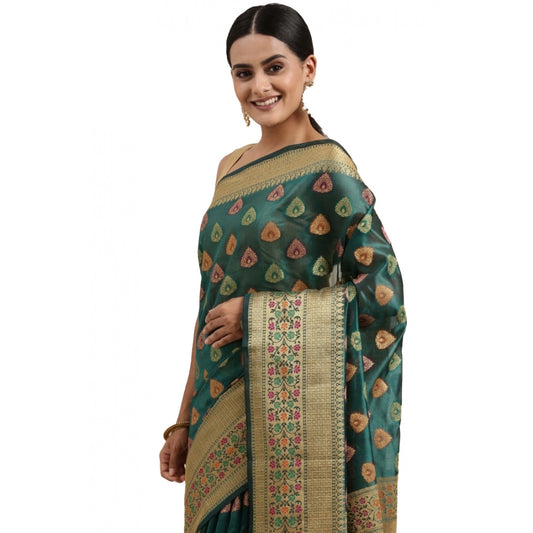 pkrkart Women's Organza Printed Saree With Unstitched Blouse (Sea Green, 5-6 Mtrs)