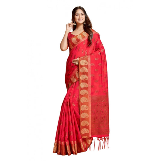 pkrkart Women's Chanderi Cotton Printed Saree With Unstitched Blouse (Pink, 5-6 Mtrs)