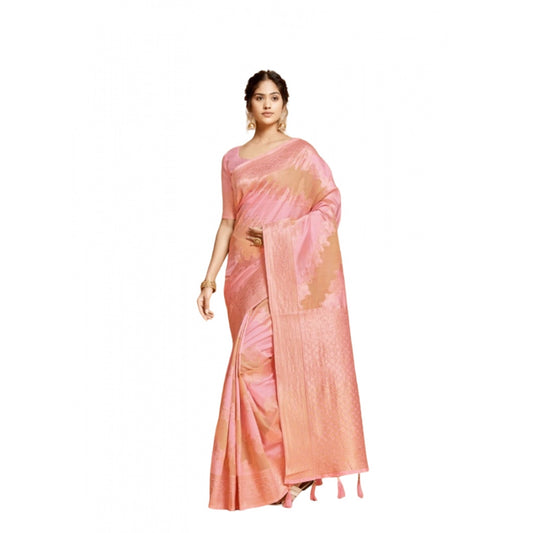 pkrkart Women's Linen Printed Saree With Unstitched Blouse (Pink, 5-6 Mtrs)
