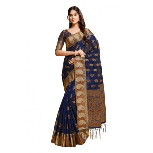 pkrkart Women's Chanderi Cotton Printed Saree With Unstitched Blouse (Navy Blue, 5-6 Mtrs)