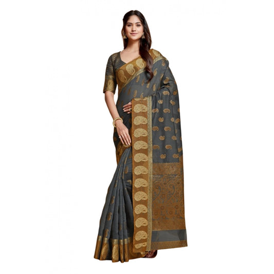 pkrkart Women's Chanderi Cotton Printed Saree With Unstitched Blouse (Grey, 5-6 Mtrs)