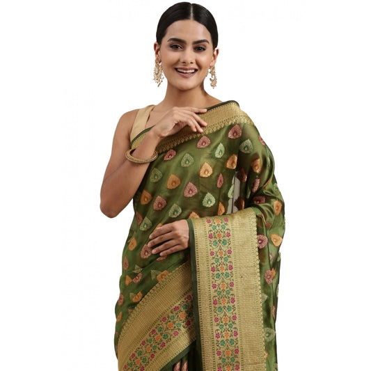 pkrkart Women's Organza Printed Saree With Unstitched Blouse (Mahendi, 5-6 Mtrs)