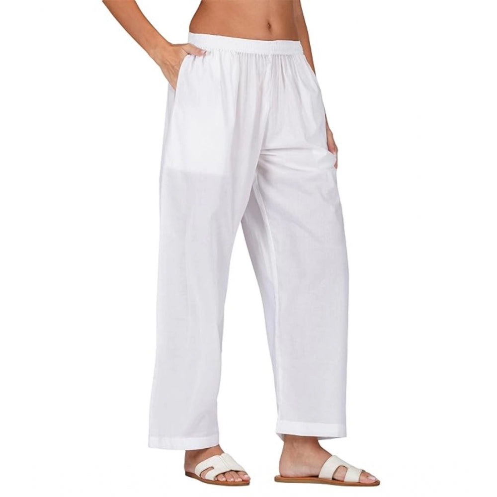 pkrkart Women's Casual Cotton Cambric Solid Elastic Palazzo Trousers (White)