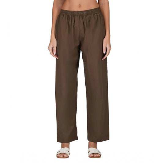 pkrkart Women's Casual Cotton Cambric Solid Elastic Palazzo Trousers (Brown)