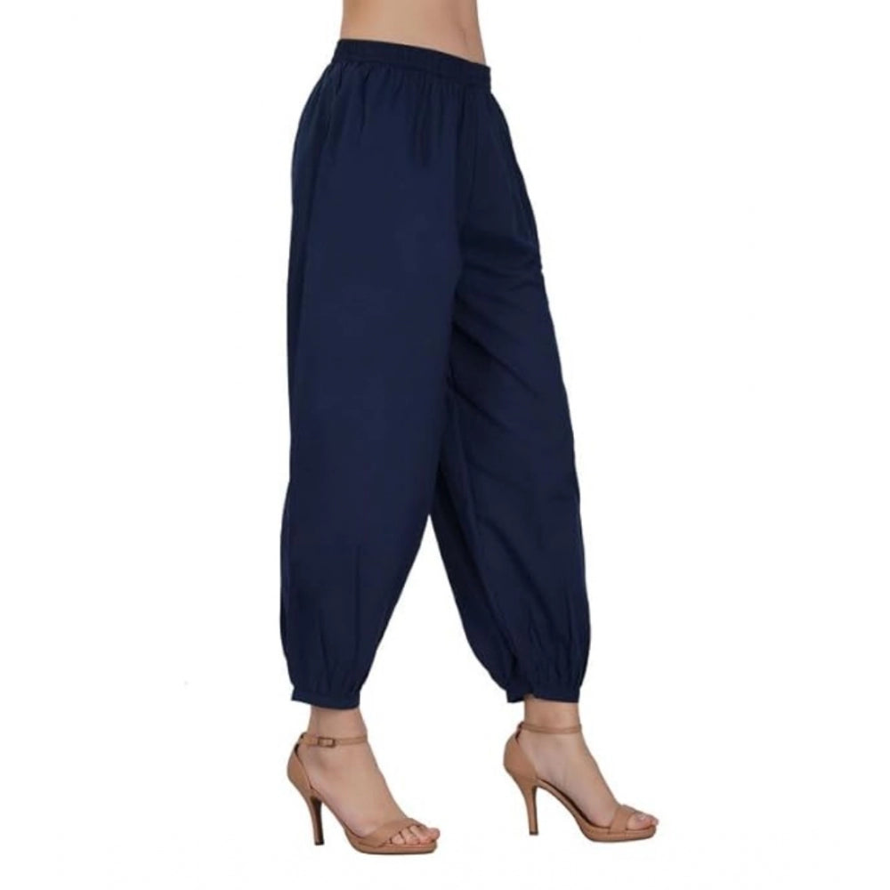 pkrkart Women's Casual Cotton Cambric Solid Elastic Waist Patiala Harem Pants (Navy Blue)