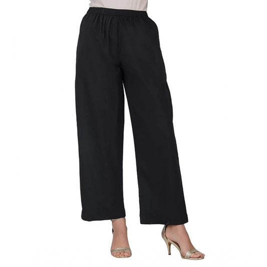 pkrkart Women's Casual Cotton Cambric Solid Elastic Palazzo Trousers (Black)