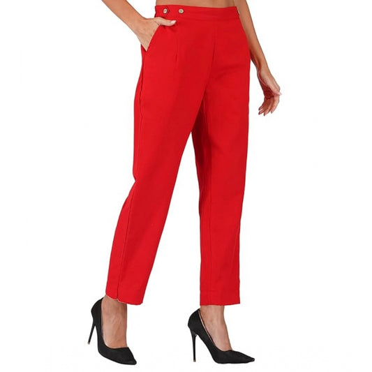 pkrkart Women's Casual Cotton Flax Solid Adjustable Waist Trouser Pants (Red)