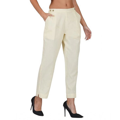 pkrkart Women's Casual Cotton Flax Solid Adjustable Waist Trouser Pants (Cream)