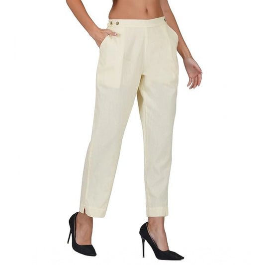pkrkart Women's Casual Cotton Flax Solid Adjustable Waist Trouser Pants (Cream)