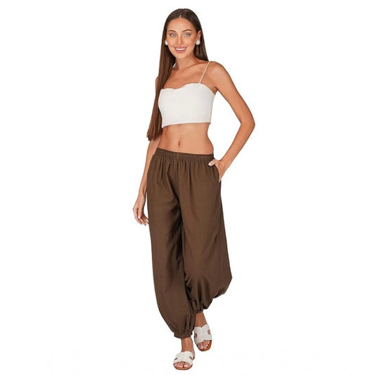 pkrkart Women's Casual Cotton Cambric Solid Elastic Waist Patiala Harem Pants (Brown)