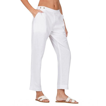 pkrkart Women's Casual Cotton Flax Solid Adjustable Waist Trouser Pants (White)