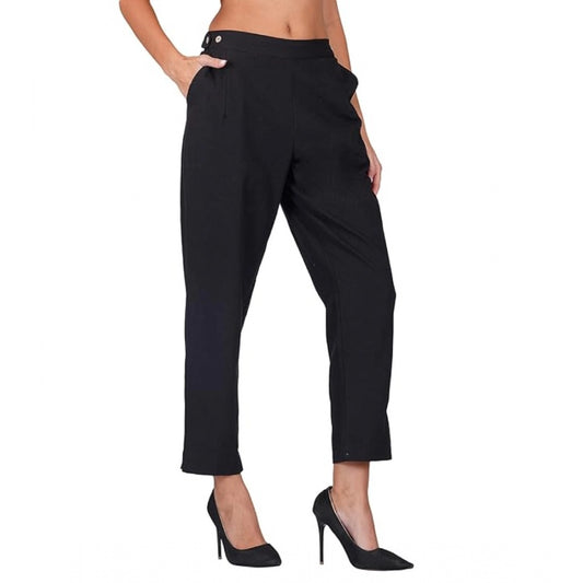 pkrkart Women's Casual Cotton Flax Solid Adjustable Waist Trouser Pants (Black)