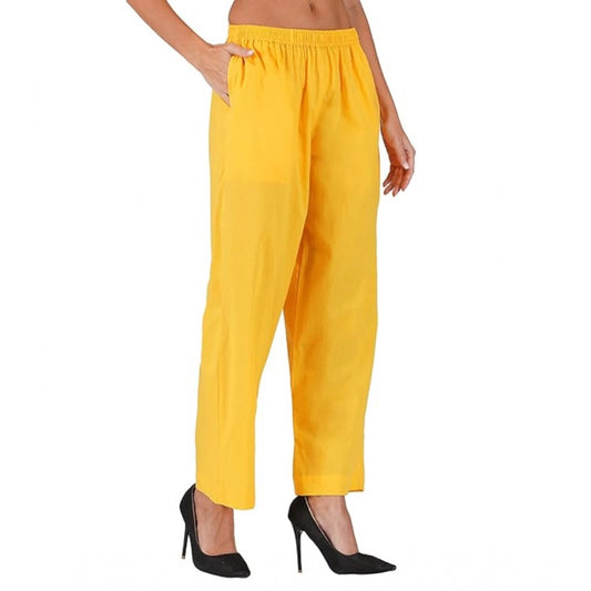 pkrkart Women's Casual Cotton Cambric Solid Elastic Palazzo Trousers (Yellow)