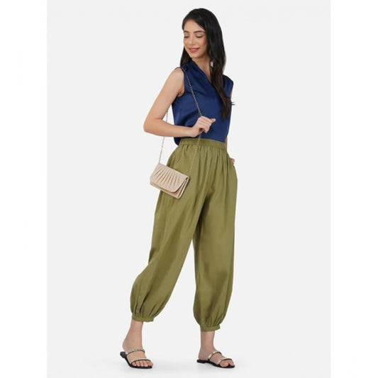 pkrkart Women's Casual Cotton Cambric Solid Elastic Waist Patiala Harem Pants (Green)