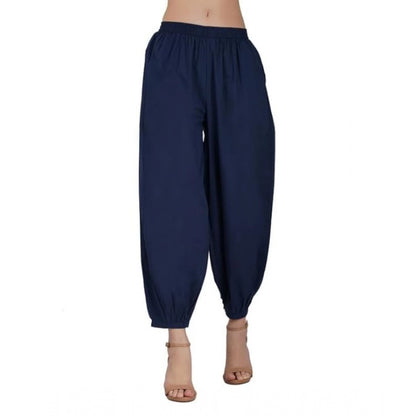 pkrkart Women's Casual Cotton Cambric Solid Elastic Waist Patiala Harem Pants (Navy Blue)