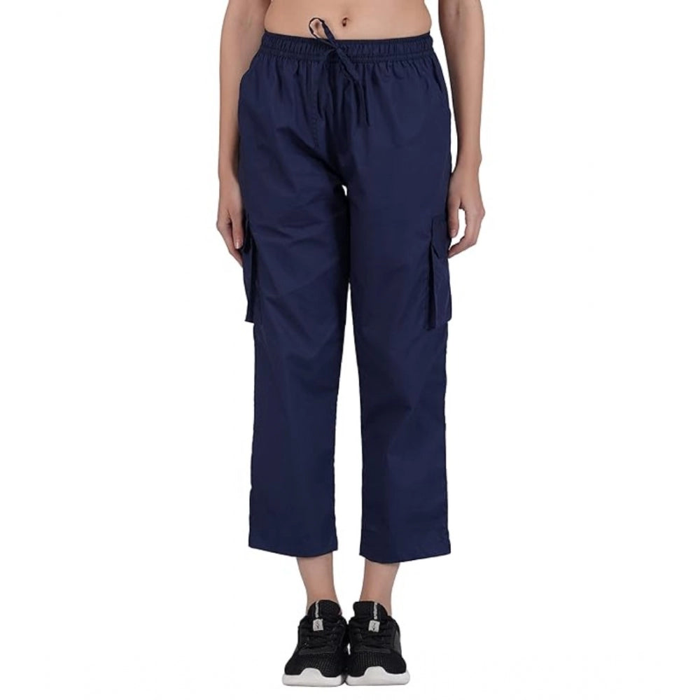 pkrkart Women's Casual Cotton Solid Cargo Pants (Navy Blue)