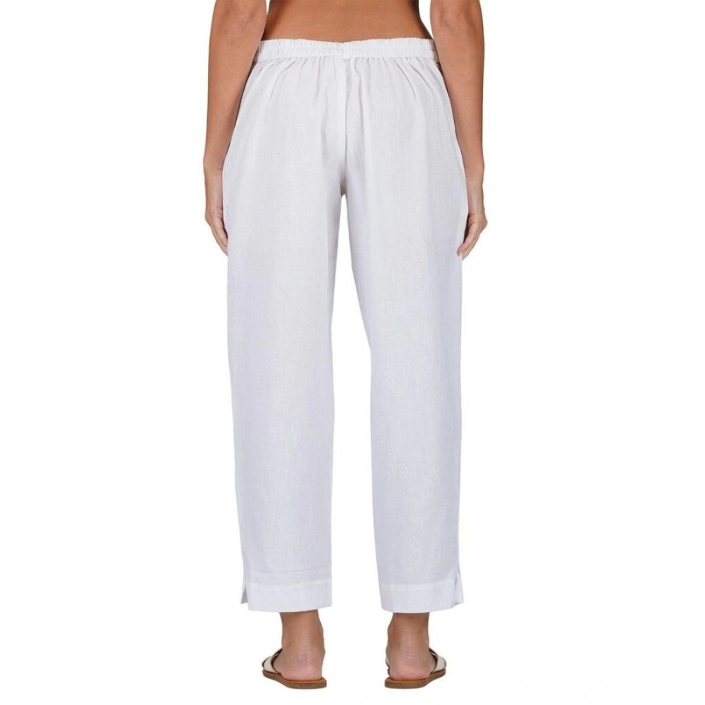 pkrkart Women's Casual Cotton Flax Solid Adjustable Waist Trouser Pants (White)