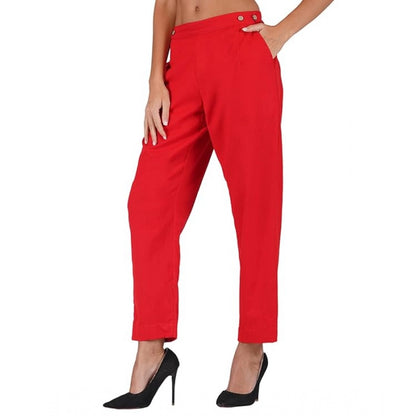 pkrkart Women's Casual Cotton Flax Solid Adjustable Waist Trouser Pants (Red)