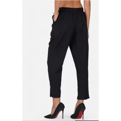 pkrkart Women's Casual Cotton Flax Solid Adjustable Waist Trouser Pants (Black)