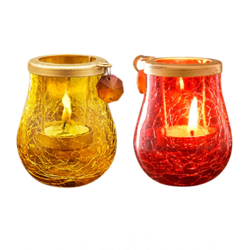 PKR Kart Glass Matka Tea Light Holder (Yellow &amp; Red)