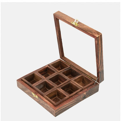 PKR Kart Wooden Spice Box With 9 Compartment For Kitchen (Brown)