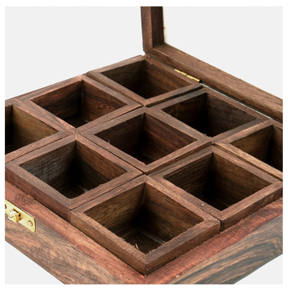 PKR Kart Wooden Spice Box With 9 Compartment For Kitchen (Brown)