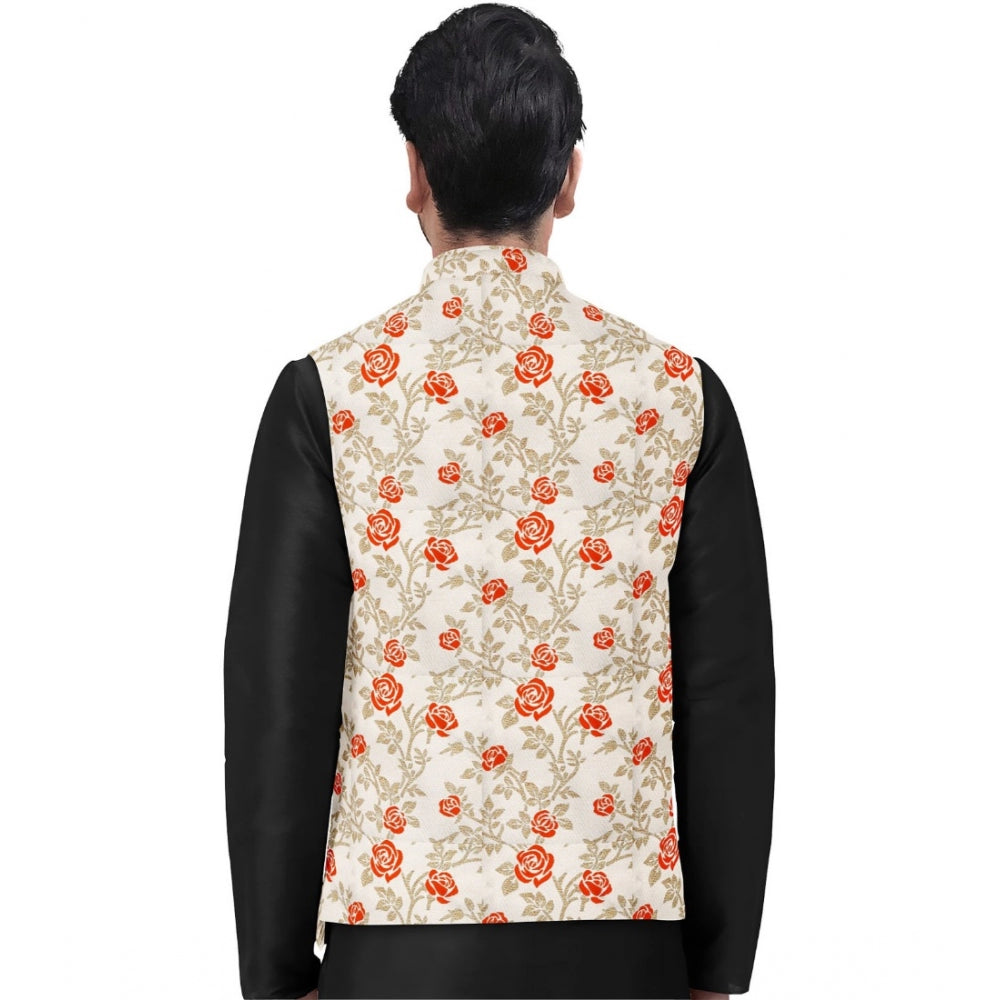 PKRKART Men's Jacquard Printed Full Sleeve Waistcoat (Orange-Beige)
