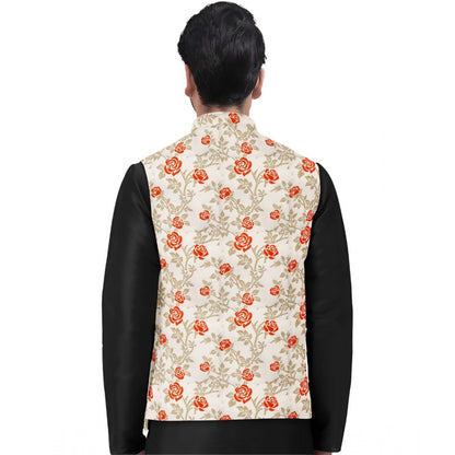 PKRKART Men's Jacquard Printed Full Sleeve Waistcoat (Orange-Beige)