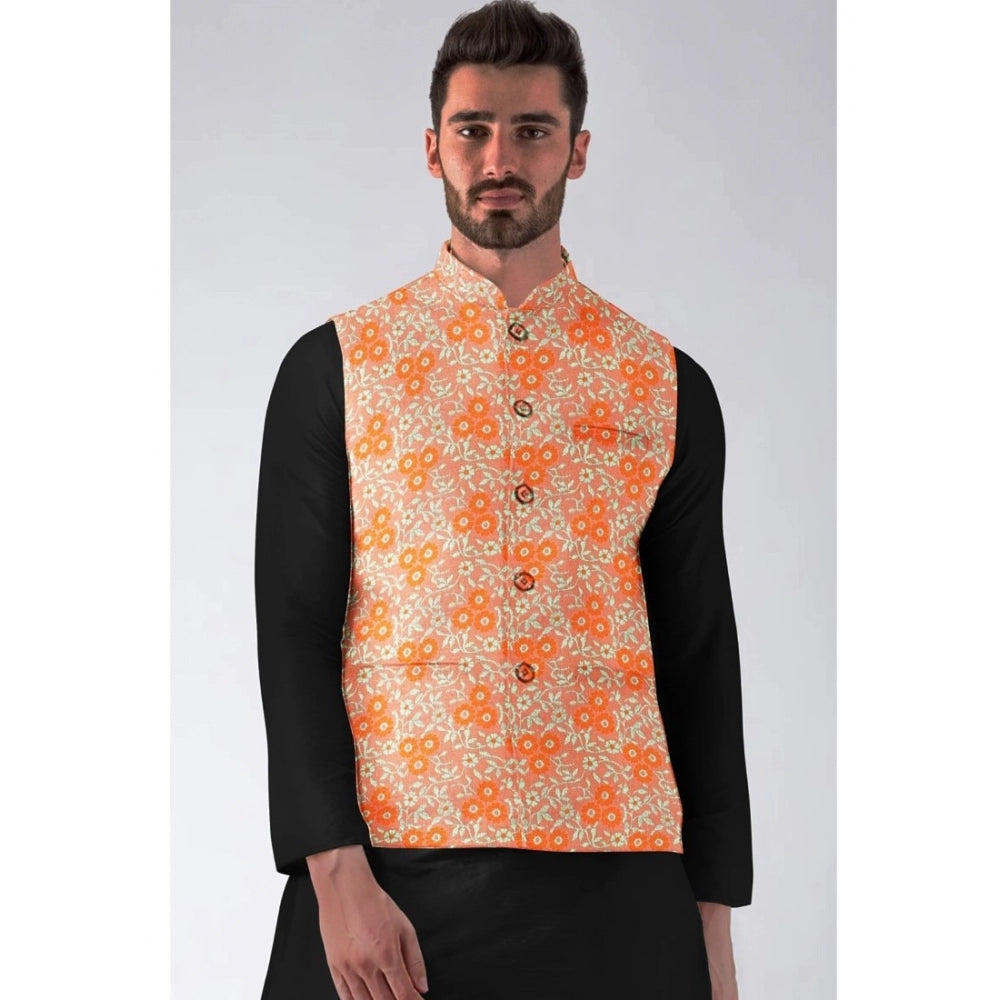 PKRKART Men's Jacquard Printed Full Sleeve Waistcoat (Orange)