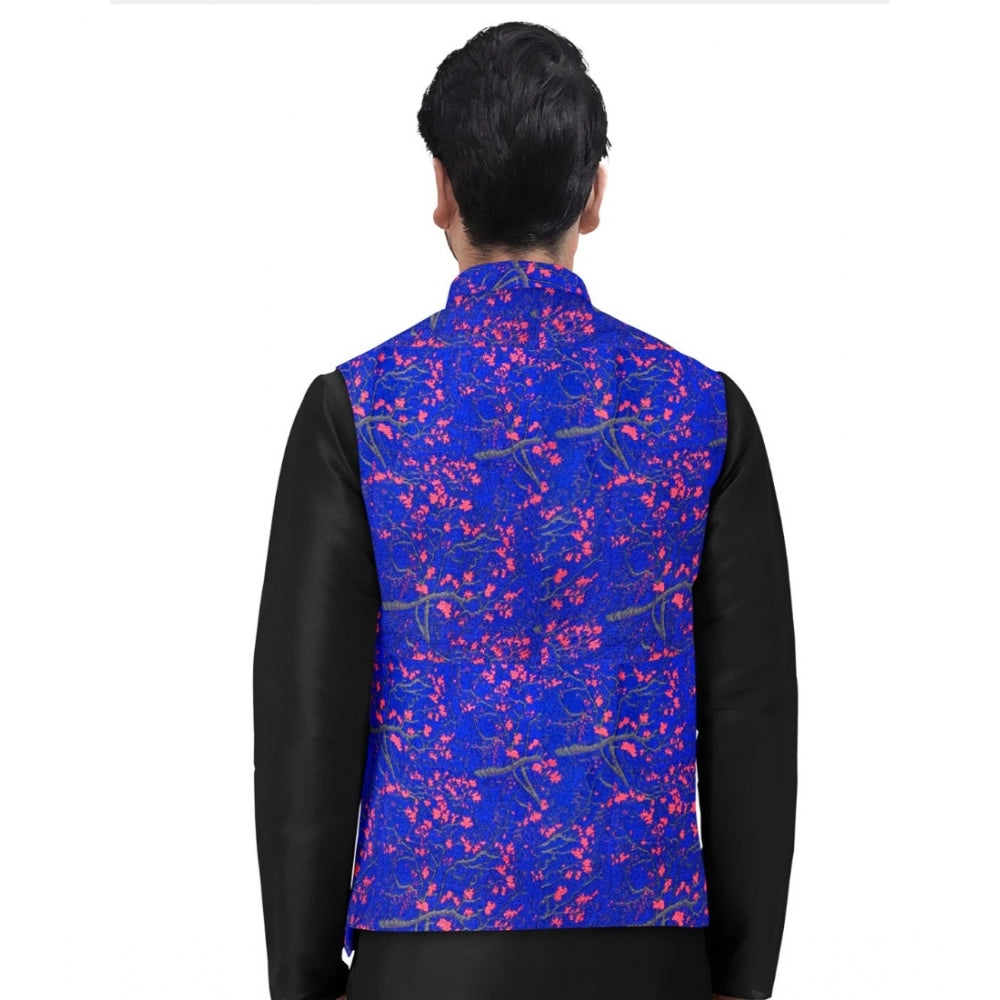 PKRKART Men's Jacquard Printed Full Sleeve Waistcoat (Blue)