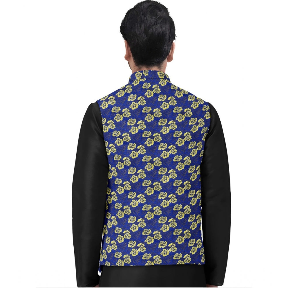 PKRKART Men's Jacquard Printed Full Sleeve Waistcoat (Blue)