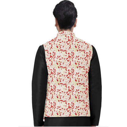 PKRKART Men's Jacquard Printed Full Sleeve Waistcoat (Red-Beige)