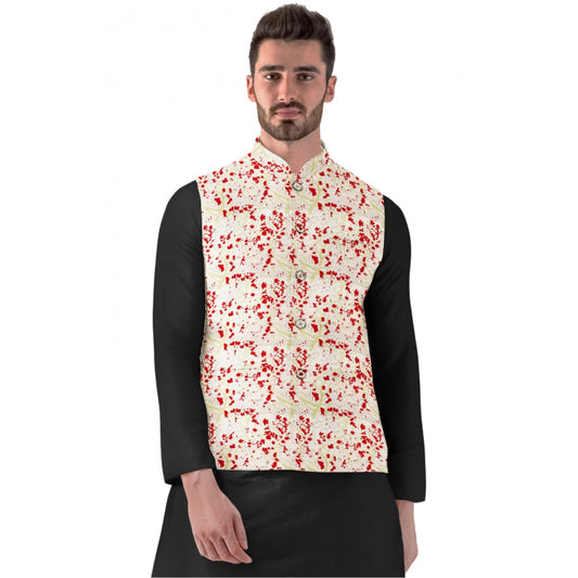 PKRKART Men's Jacquard Printed Full Sleeve Waistcoat (Red-Beige)