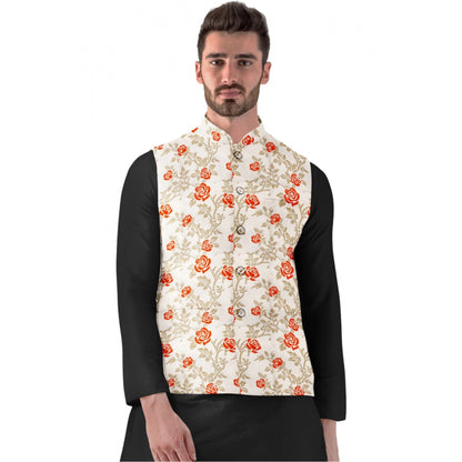 PKRKART Men's Jacquard Printed Full Sleeve Waistcoat (Orange-Beige)