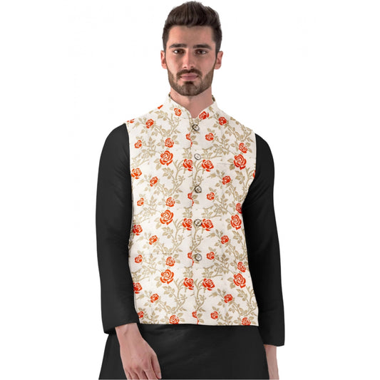 PKRKART Men's Jacquard Printed Full Sleeve Waistcoat (Orange-Beige)
